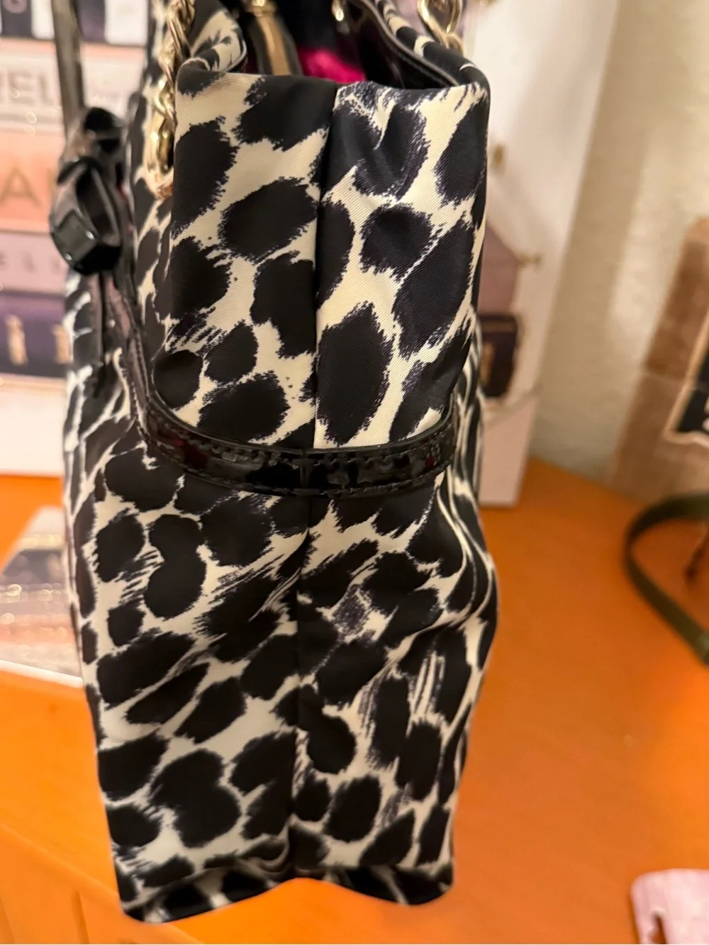 kate spade Black and White Leopard Print Shoulder Bag with Gold Chain Handles